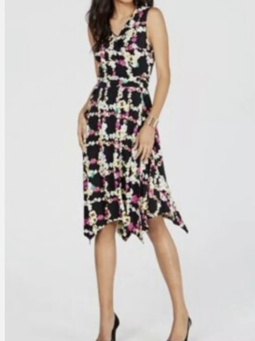 #753 Sleeveless Black Floral Midi Dress with Pink & Yellow Blooms